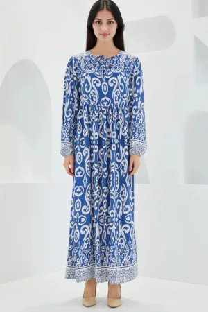 Rochie maxi dama - cu imprimeu - inchidere cu snur - viscoza - alb/albastru