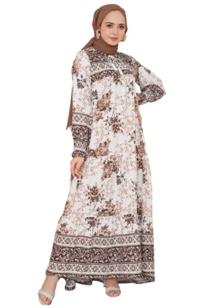 Rochie maxi dama - cu imprimeu - inchidere cu snur - viscoza - alb/maro