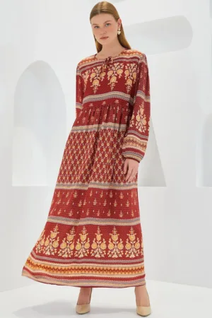 Rochie maxi dama - HiCCUP - cu imprimeu - inchidere cu snur - viscoza - bej/rosu