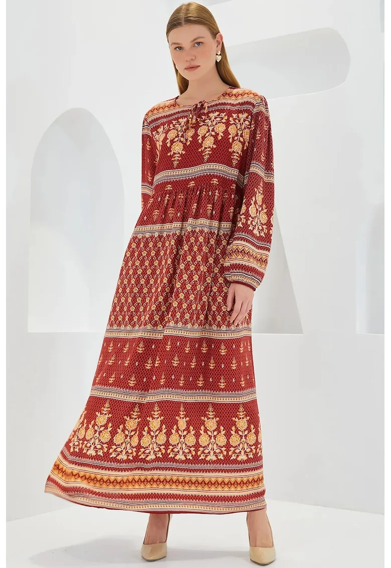 Rochie maxi dama - HiCCUP - cu imprimeu - inchidere cu snur - viscoza - bej/rosu