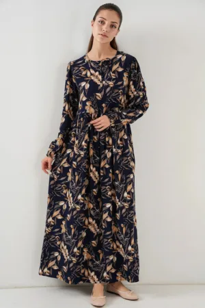 Rochie maxi dama - cu imprimeu - inchidere cu snur - viscoza - bleumarin/bej