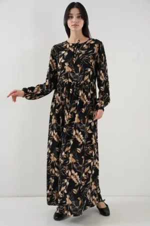 Rochie maxi dama -  cu imprimeu - inchidere cu snur - viscoza - negru/bej