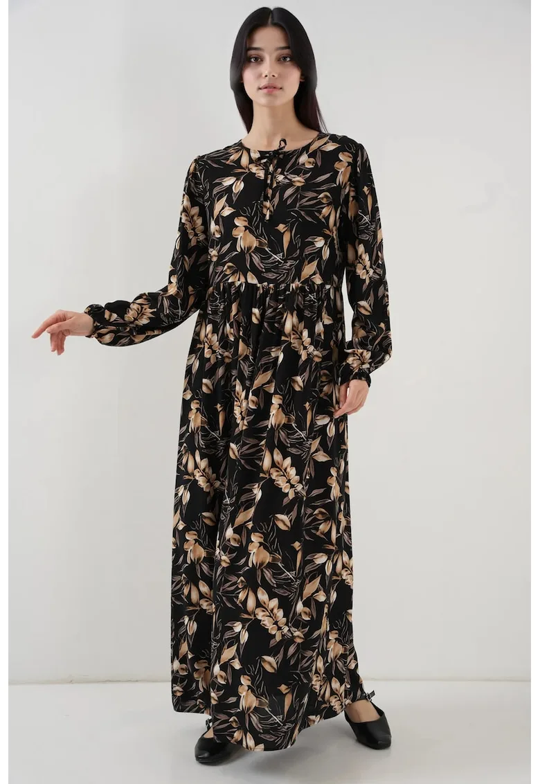 Rochie maxi dama - cu imprimeu - inchidere cu snur - viscoza - negru/bej