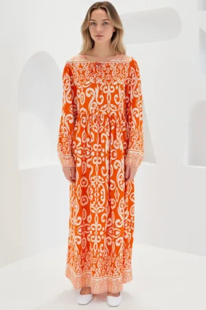 Rochie maxi dama - cu imprimeu - inchidere cu snur - viscoza - portocaliu/bej