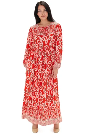 Rochie maxi dama - cu imprimeu - inchidere cu snur - viscoza - rosu/bej