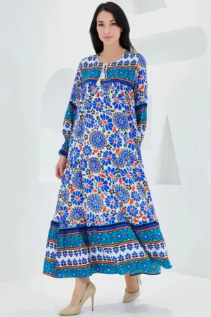 Rochie maxi dama - cu imprimeu - inchidere snur - viscoza - multicolor