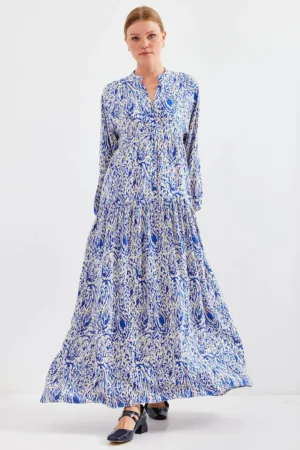 Rochie maxi dama - HiCCUP - cu imprimeu - viscoza - maneca lunga - alb/albastru