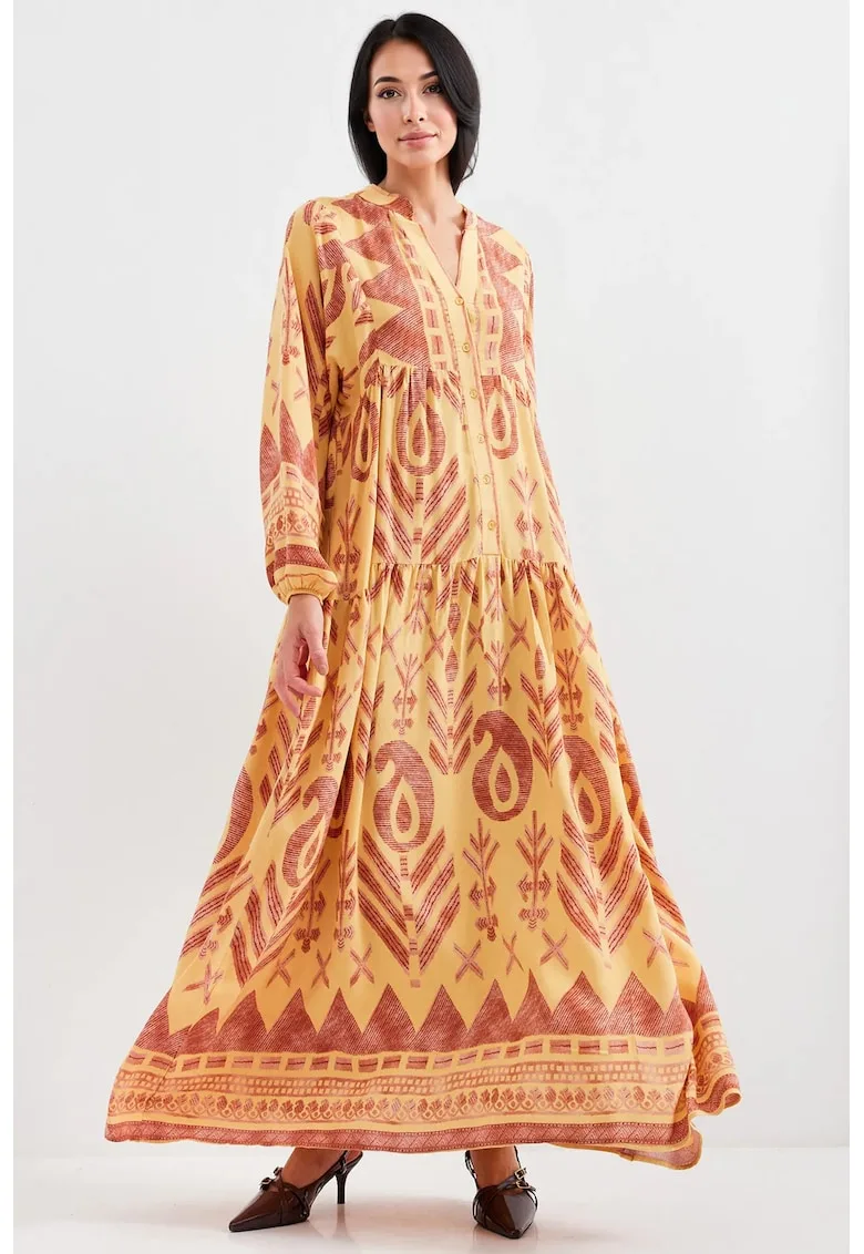 Rochie maxi dama - HiCCUP - cu imprimeu - viscoza - maneca lunga - galben/rosu
