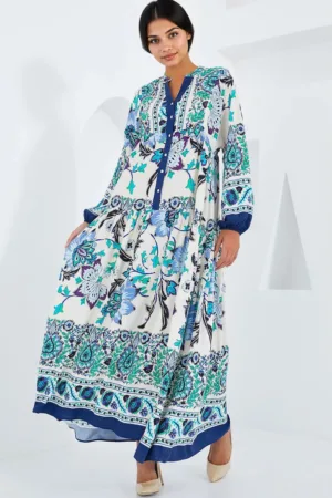 Rochie maxi dama HiCCUP - cu imprimeu - viscoza - maneci lungi - multicolor