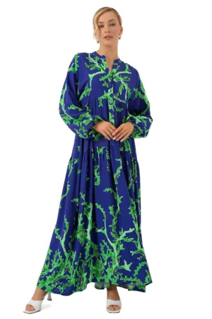 Rochie maxi dama - decolteu in V - cu imprimeu - maneci lungi - viscoza - albastru/verde