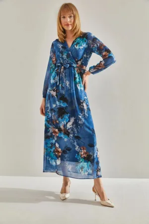 Rochie maxi dama -  decolteu in V - imprimeu floral - tul - albastru