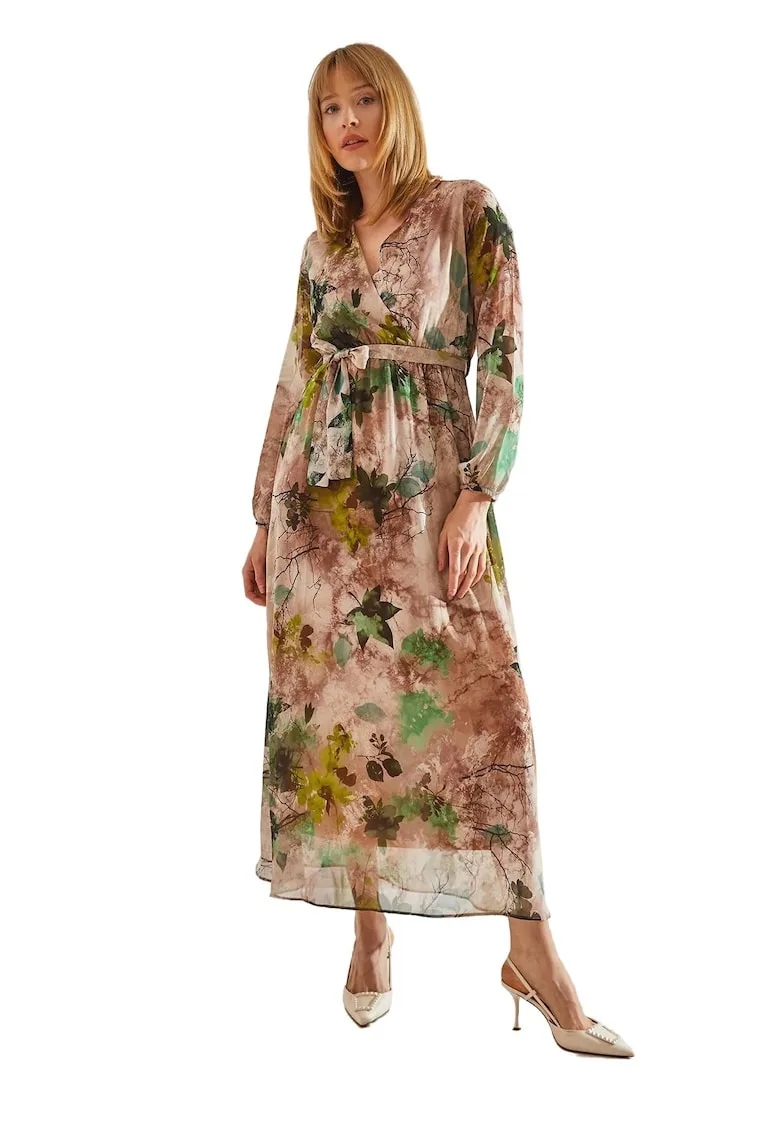 Rochie maxi dama decolteu in V - imprimeu floral - tul - multicolor