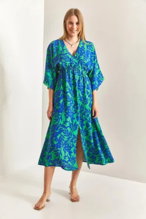 Rochie maxi dama decolteu in V - imprimeu floral - viscoza - albastru/verde -