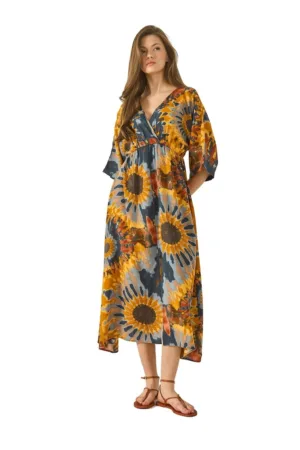 Rochie maxi dama decolteu in V - imprimeu floral - viscoza - multicolor