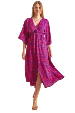 Rochie maxi dama decolteu in V - viscoza - roz -