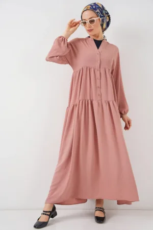 Rochie maxi dama - elastan/poliester - decolteu in V - inchidere cu nasturi - roz