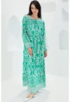 Rochie maxi dama - HiCCUP - inchidere cu snur - viscoza - verde/alb