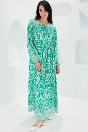 Rochie maxi dama - inchidere cu snur - viscoza - verde/alb
