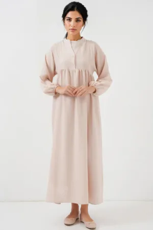 Rochie maxi dama - poliester - decolteu in V si nasturi - bej