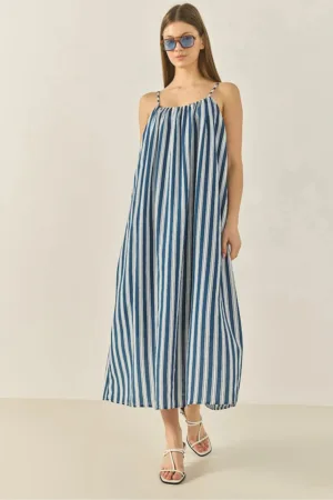 Rochie maxi dama -  poliester/viscoza/poliamida - cu dungi - albastru/alb