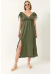 Rochie maxi dama -  poplin - decolteu in V - verde