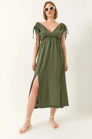 Rochie maxi dama -  poplin - decolteu in V - verde