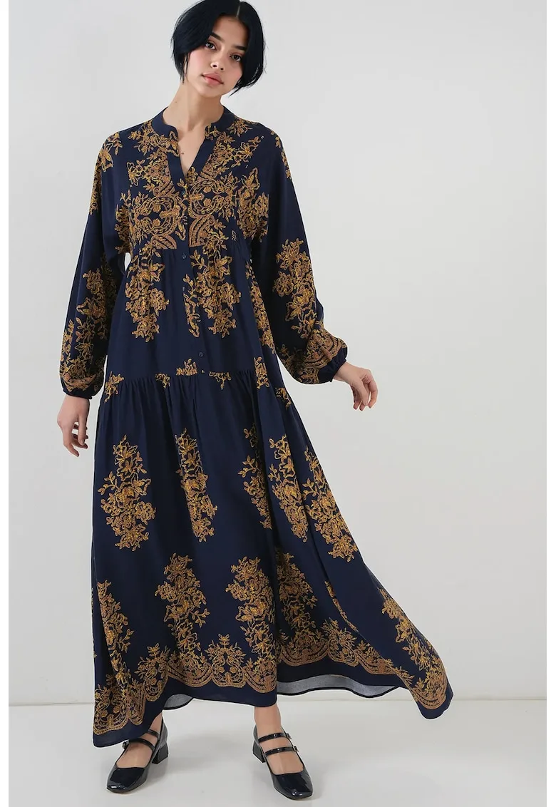 Rochie maxi dama HiCCUP - viscoza - decolteu in V - cu nasturi - bleumarin/galben