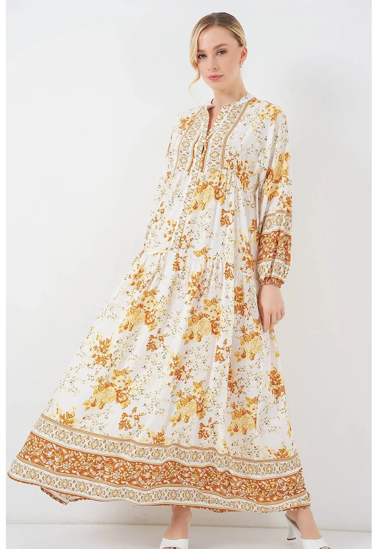 Rochie maxi dama viscoza - decolteu in V - cu nasturi - multicolor