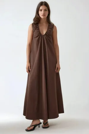 Rochie maxi -  decolteu in U - maro - textil