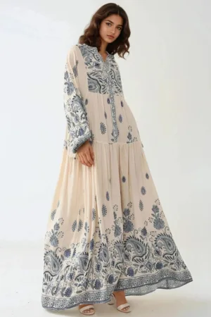 Rochie maxi - decolteu in V - albastra - material textil