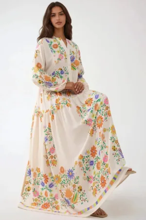 Rochie maxi -  decolteu in V - bej - textil