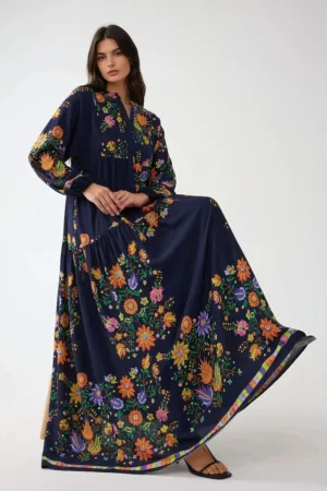 Rochie maxi -  decolteu in V - bleumarin - textil