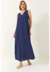 Rochie maxi -  decolteu in V - croiala lejera - albastru - poliester