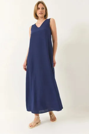 Rochie maxi - decolteu in V - croiala lejera - albastru - poliester