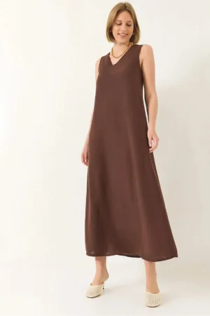 Rochie maxi -  decolteu in V - croiala lejera - maro - textil