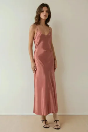 Rochie maxi -  decolteu in V - design elegant - roz - satin