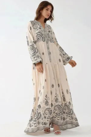 Rochie maxi - decolteu in V - detalii cu nasturi - gri - textil