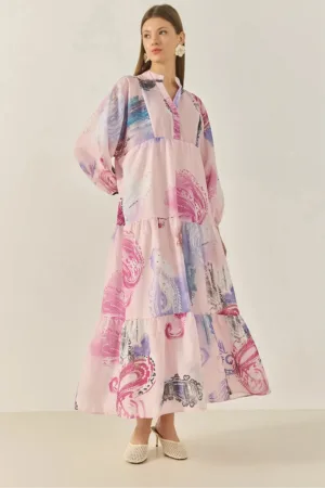 Rochie maxi -  decolteu in V - detalii cu volane - roz - poliester -