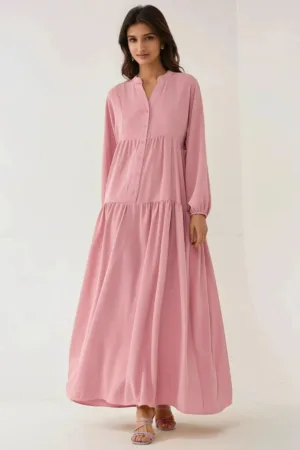 Rochie maxi  decolteu in V - detaliu cu nasturi - roz - textil