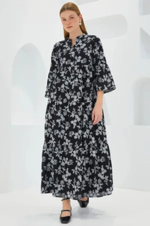 Rochie maxi - decolteu in V - maneci trei sferturi - neagra - bumbac -