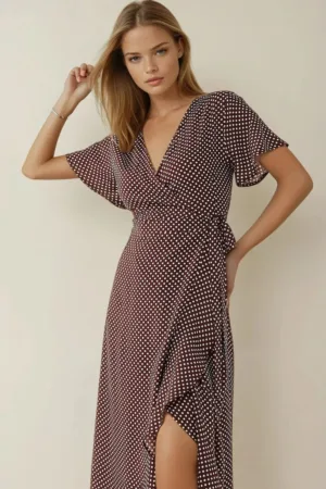 Rochie maxi -  decolteu in V - maro - jerseu