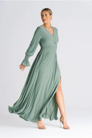 Rochie maxi decolteu in V - talie elastica - verde - poliester 95% - elastan 5% -