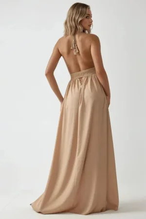 Rochie maxi -  decolteu in V - textil - bej