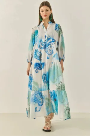 Rochie maxi -  decolteu in V - volane - multicolor - poliester