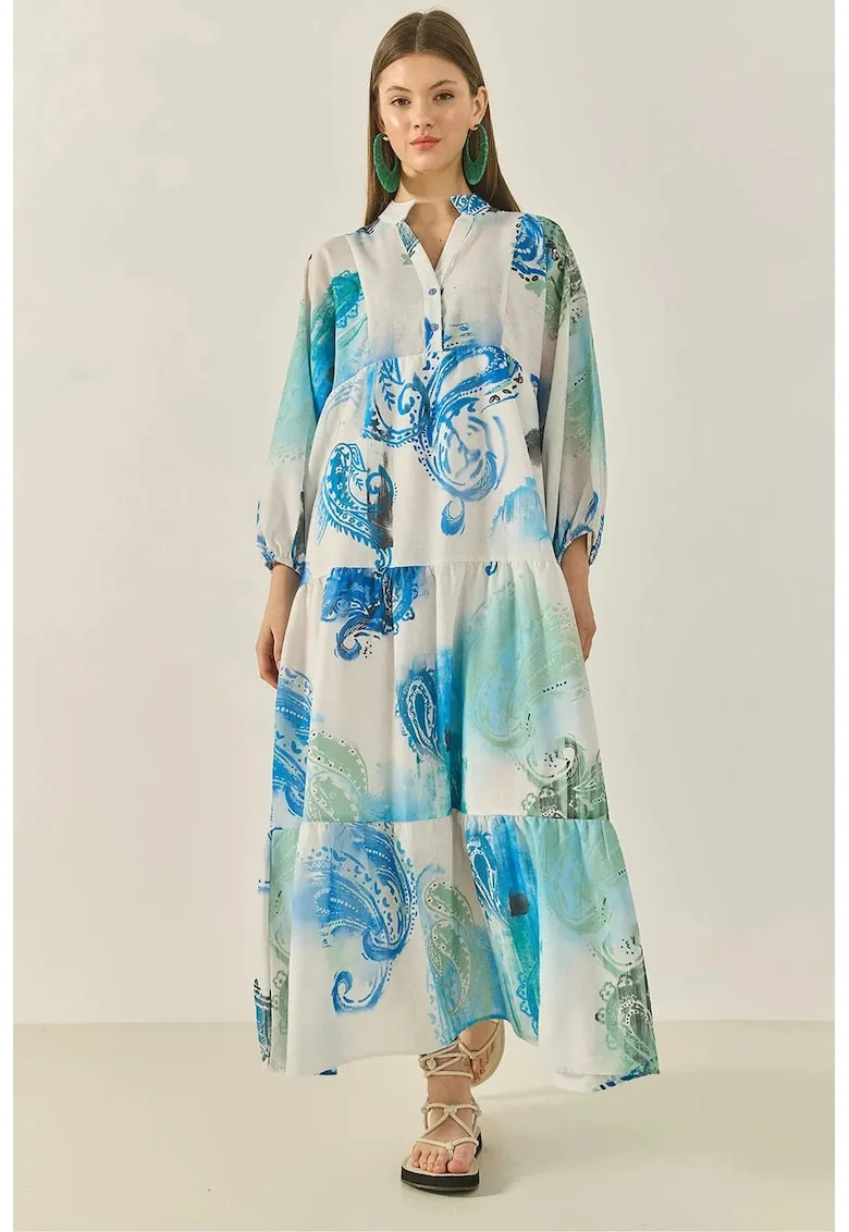 Rochie maxi - decolteu in V - volane - multicolor - poliester