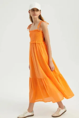 Rochie maxi -  decolteu patrat - curea - portocaliu - textil