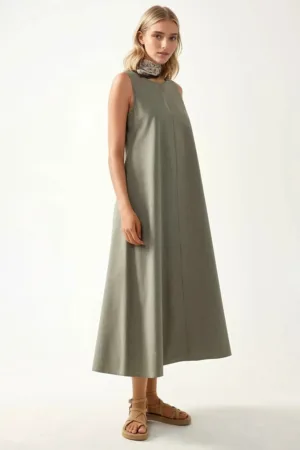 Rochie maxi -  decolteu rotund - fara maneci - verde - textil