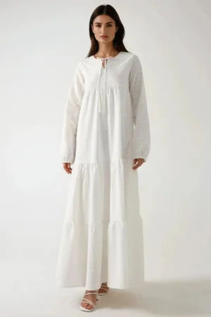 Rochie maxi -  decolteu rotund - texturata - alb - textil