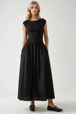 Rochie maxi -  decolteu tip barca - croiala in forma de A - neagra - textil