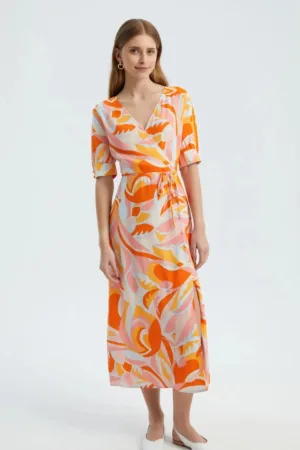 Rochie maxi -  decolteu tip surplis - crapatura laterala - portocalie - textil